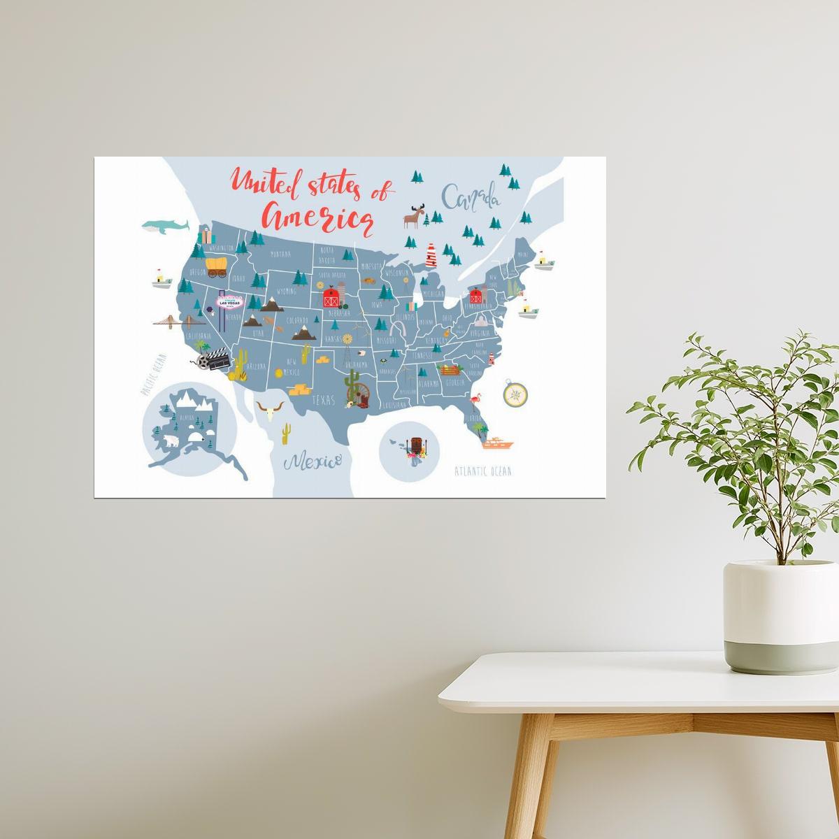 USA Map | United States Map with Illustrated State Symbols Poster