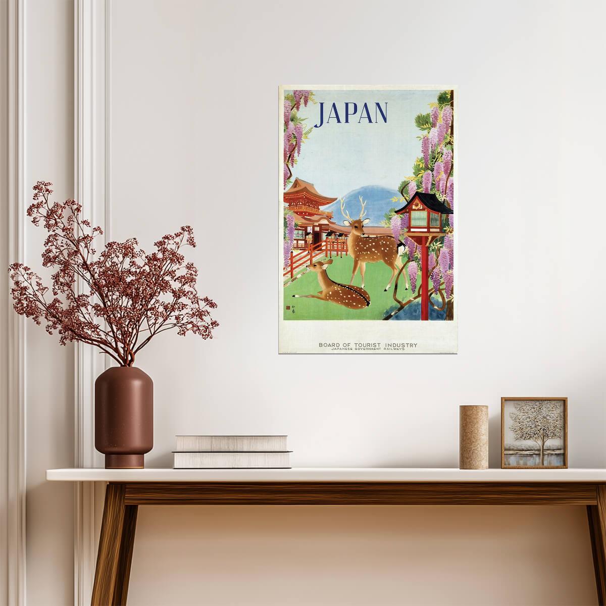 Vintage Nara Japan | Travel Poster | Temple and Deer Wall Art