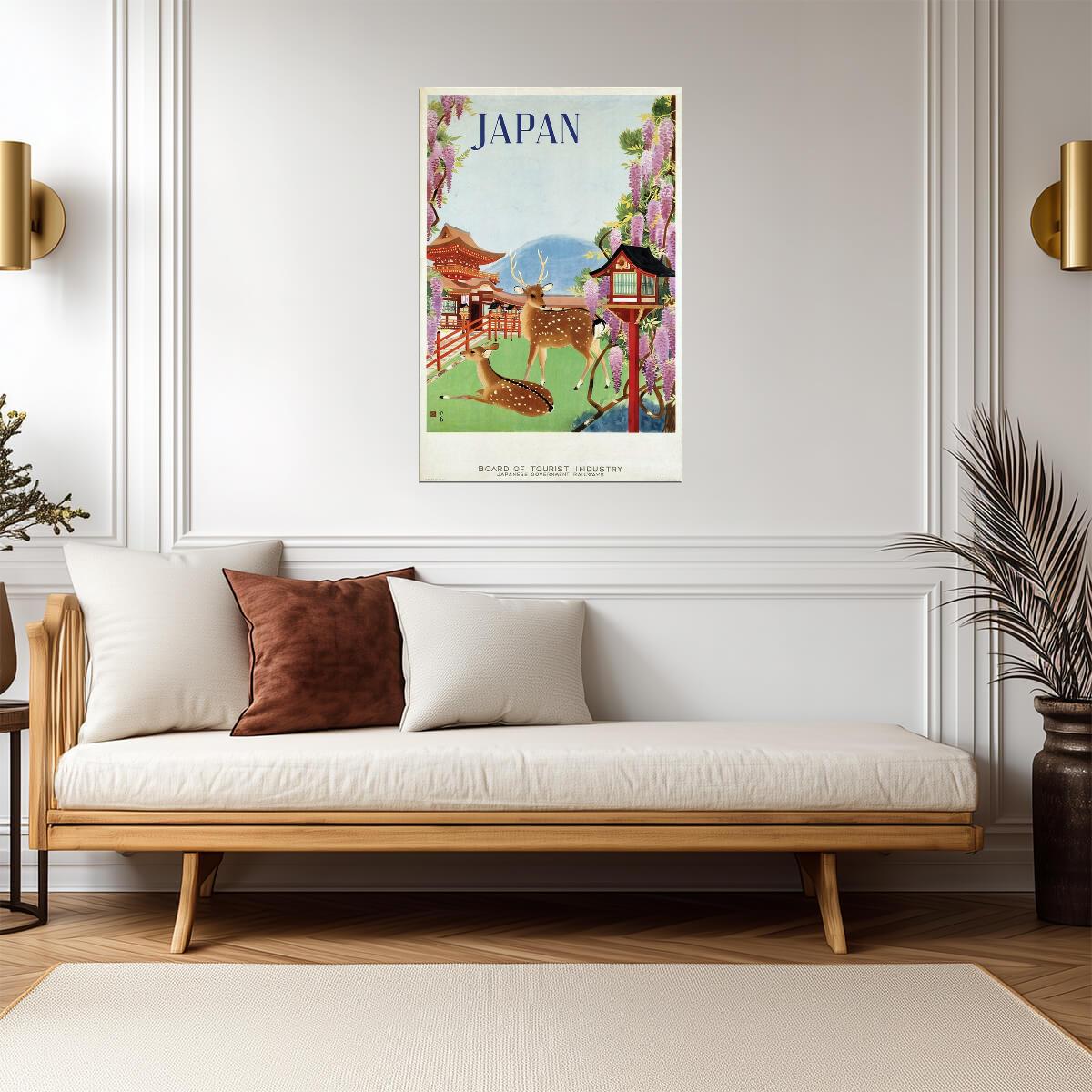 Vintage Nara Japan | Travel Poster | Temple and Deer Wall Art