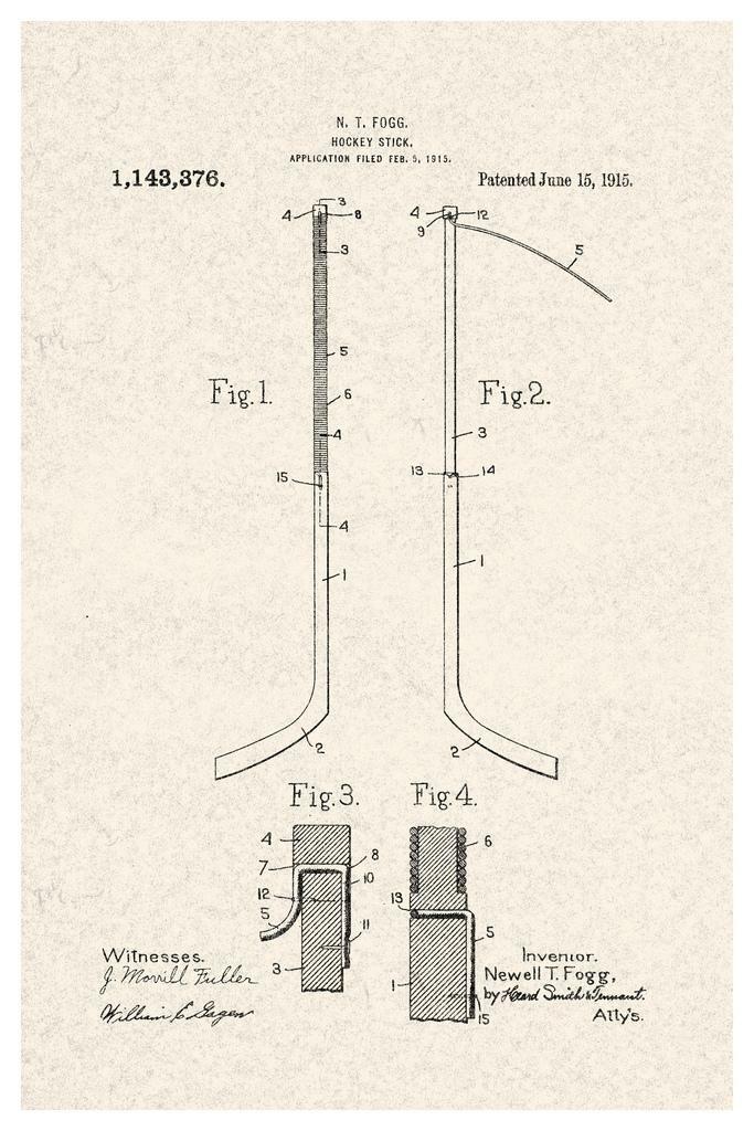 Hockey Stick Patent Print | 1915 Diagram Poster | Vintage Sports Blueprint - Vintage & Retro Poster