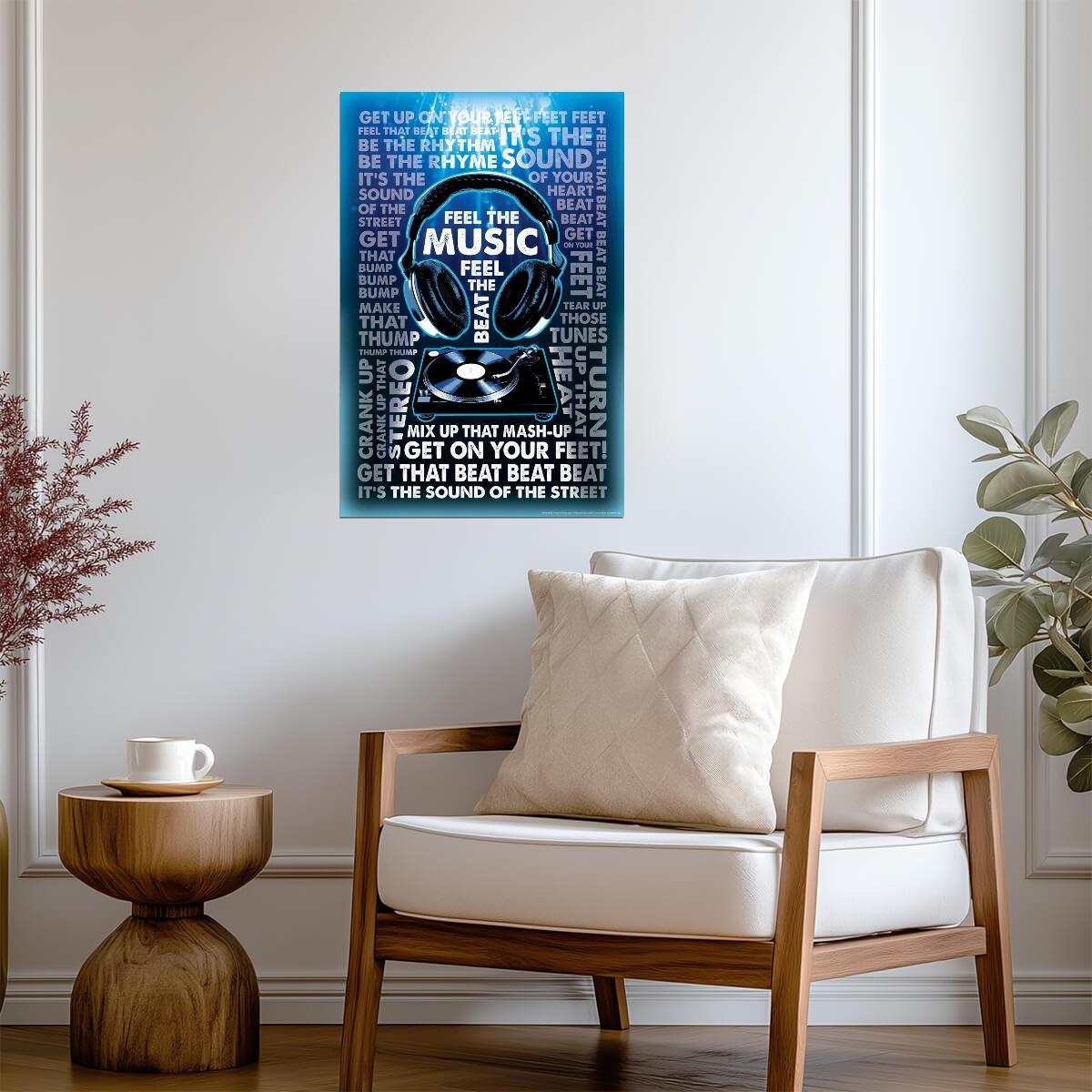 Feel The Music Headphones & Turntable | DJ Themed Graphic Art Poster | Modern Music Wall Decor - Music Poster