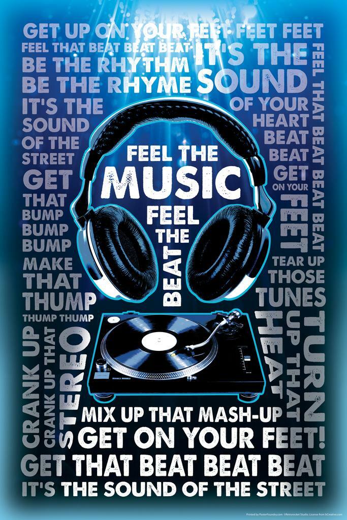 Feel The Music Headphones & Turntable | DJ Themed Graphic Art Poster | Modern Music Wall Decor - Music Poster
