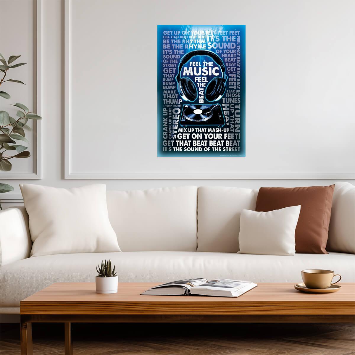 Feel The Music Headphones & Turntable | DJ Themed Graphic Art Poster | Modern Music Wall Decor - Music Poster