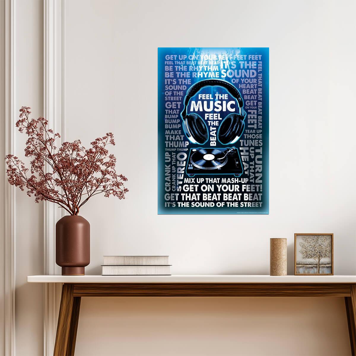 Feel The Music Headphones & Turntable | DJ Themed Graphic Art Poster | Modern Music Wall Decor - Music Poster