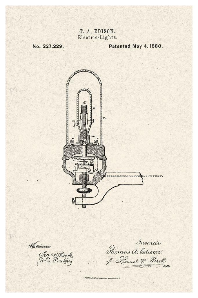 Thomas Edison Electric Light Bulb Patent | 1880 Diagram Poster | Inventor Wall Art - Vintage & Retro Poster