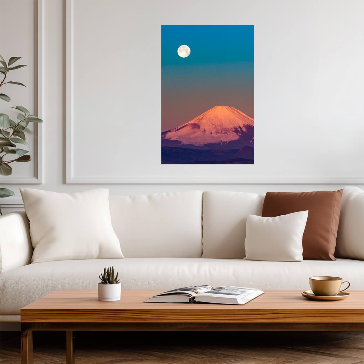 Mount Fuji and Full Moon | Landscape Photography Print | Japan Travel Poster