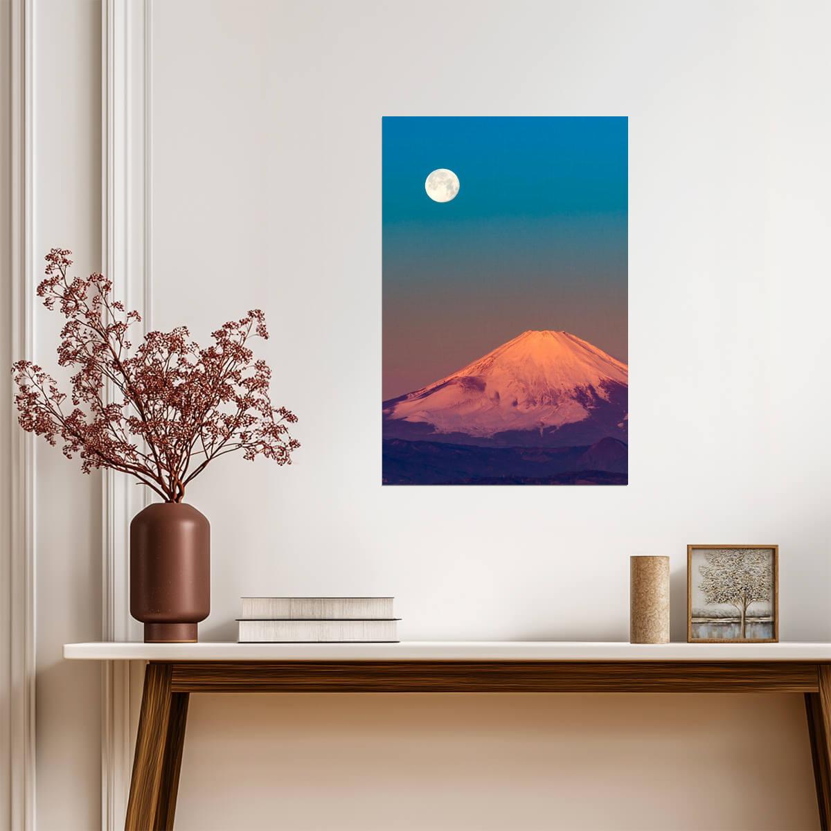 Mount Fuji and Full Moon | Landscape Photography Print | Japan Travel Poster