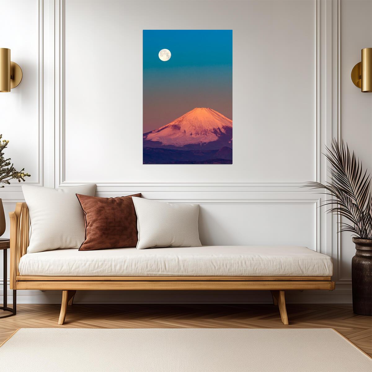 Mount Fuji and Full Moon | Landscape Photography Print | Japan Travel Poster