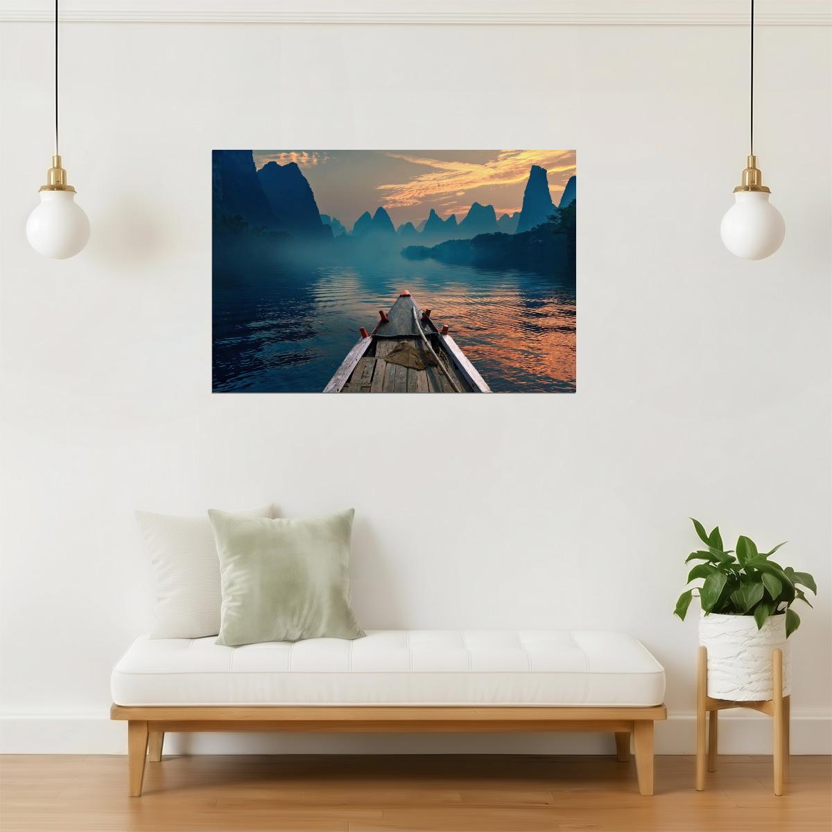 Indonesian River Boat Poster | Mountain Landscape Photography | Travel Wall Art