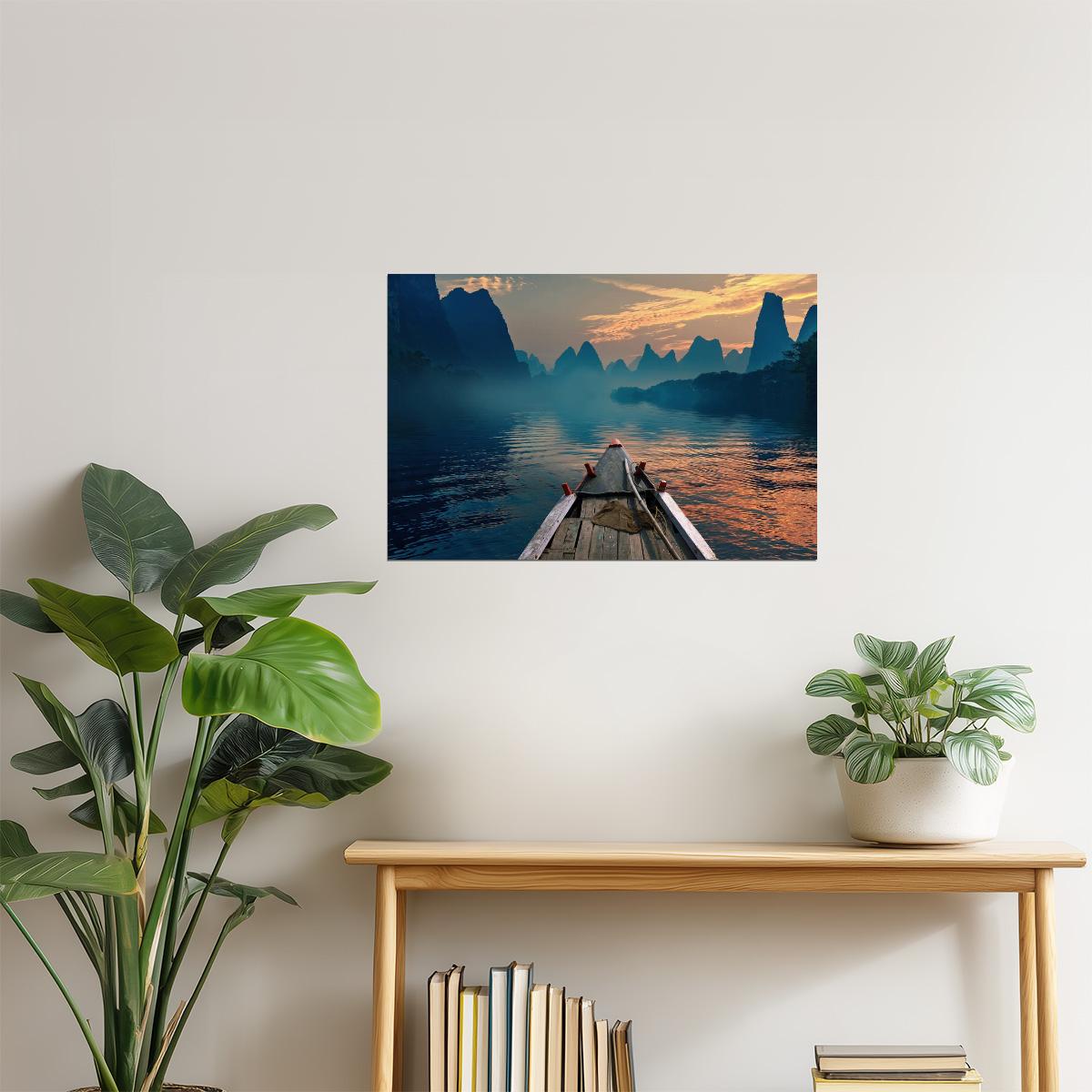 Indonesian River Boat Poster | Mountain Landscape Photography | Travel Wall Art