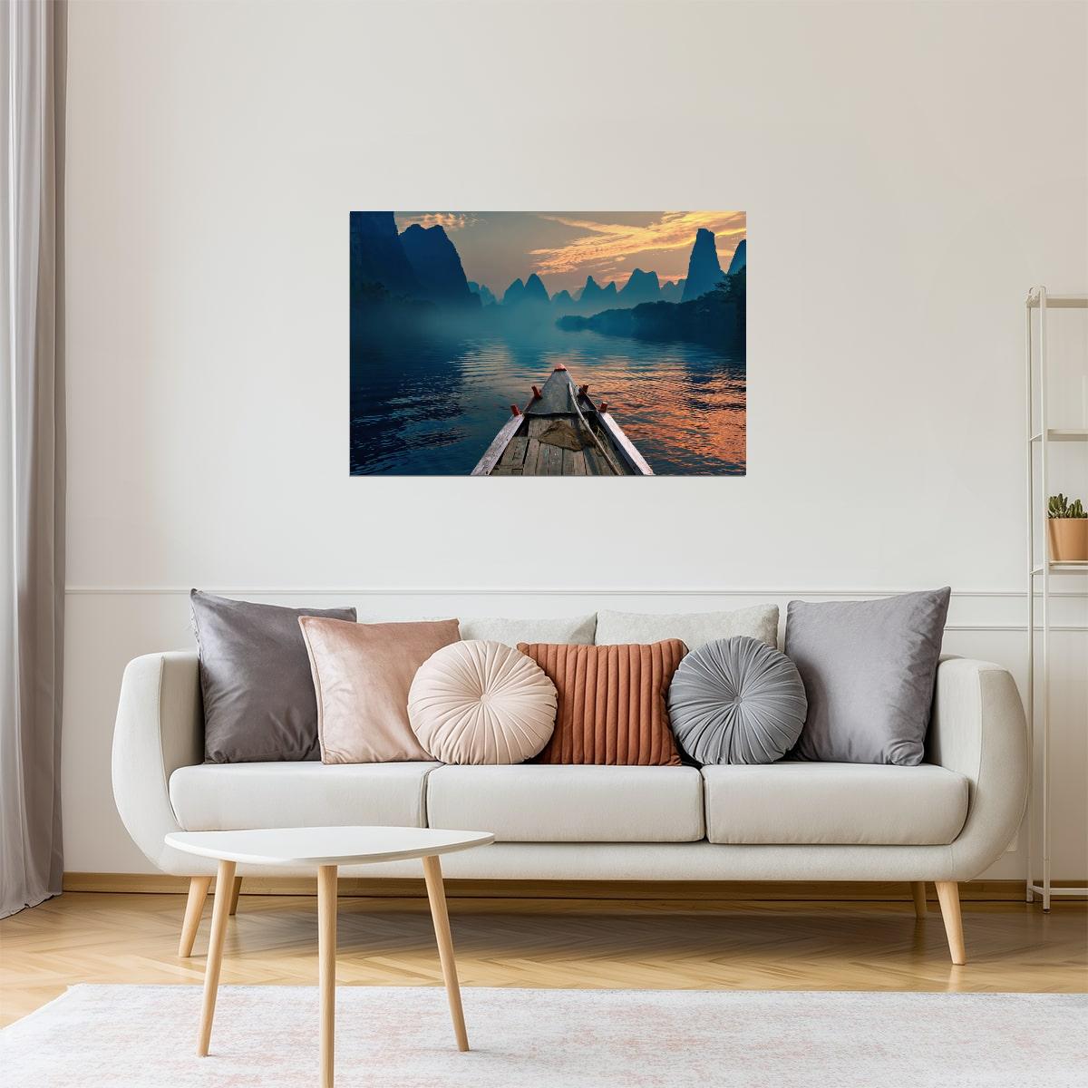 Indonesian River Boat Poster | Mountain Landscape Photography | Travel Wall Art