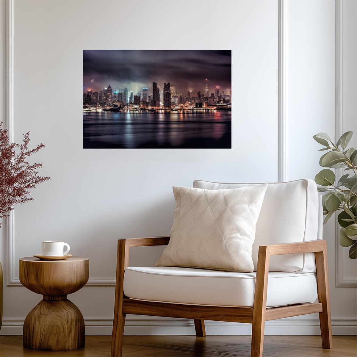 Stormy New York City Skyline at Night | "Gotham" Cityscape Photography | Moody Wall Art Poster - Photography Poster