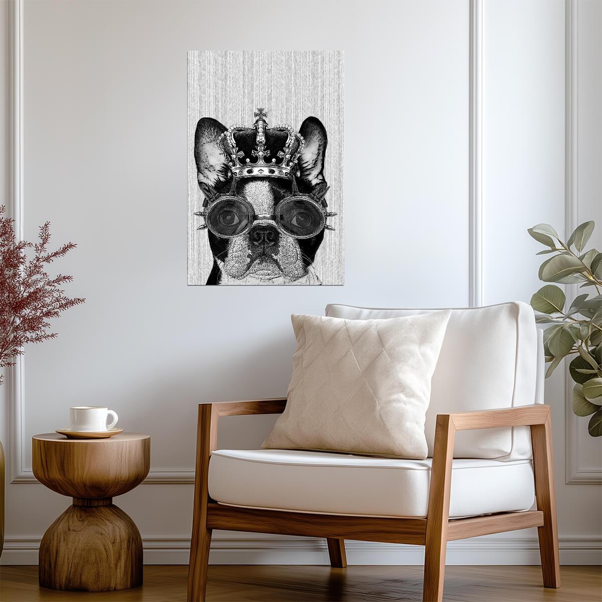 Hipster Boston Terrier with Crown and Steampunk Goggles | Illustrated Dog Poster - Graphic & Art Poster
