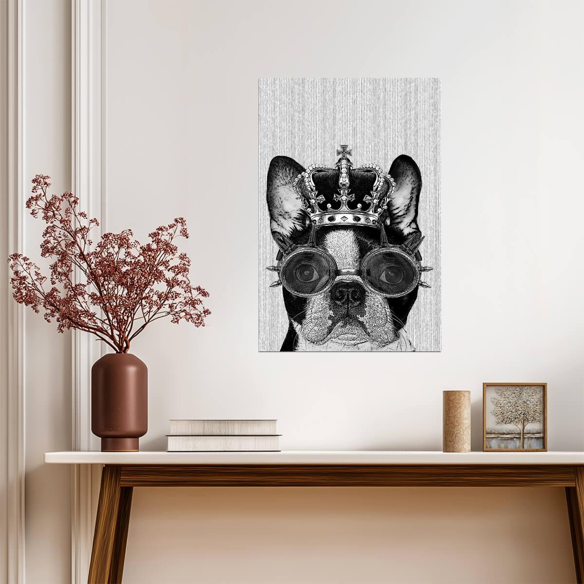 Hipster Boston Terrier with Crown and Steampunk Goggles | Illustrated Dog Poster - Graphic & Art Poster