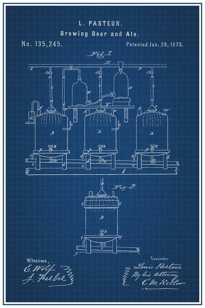 Louis Pasteur Beer Brewing Patent Poster | Vintage Blueprint | Brewery Wall Art
