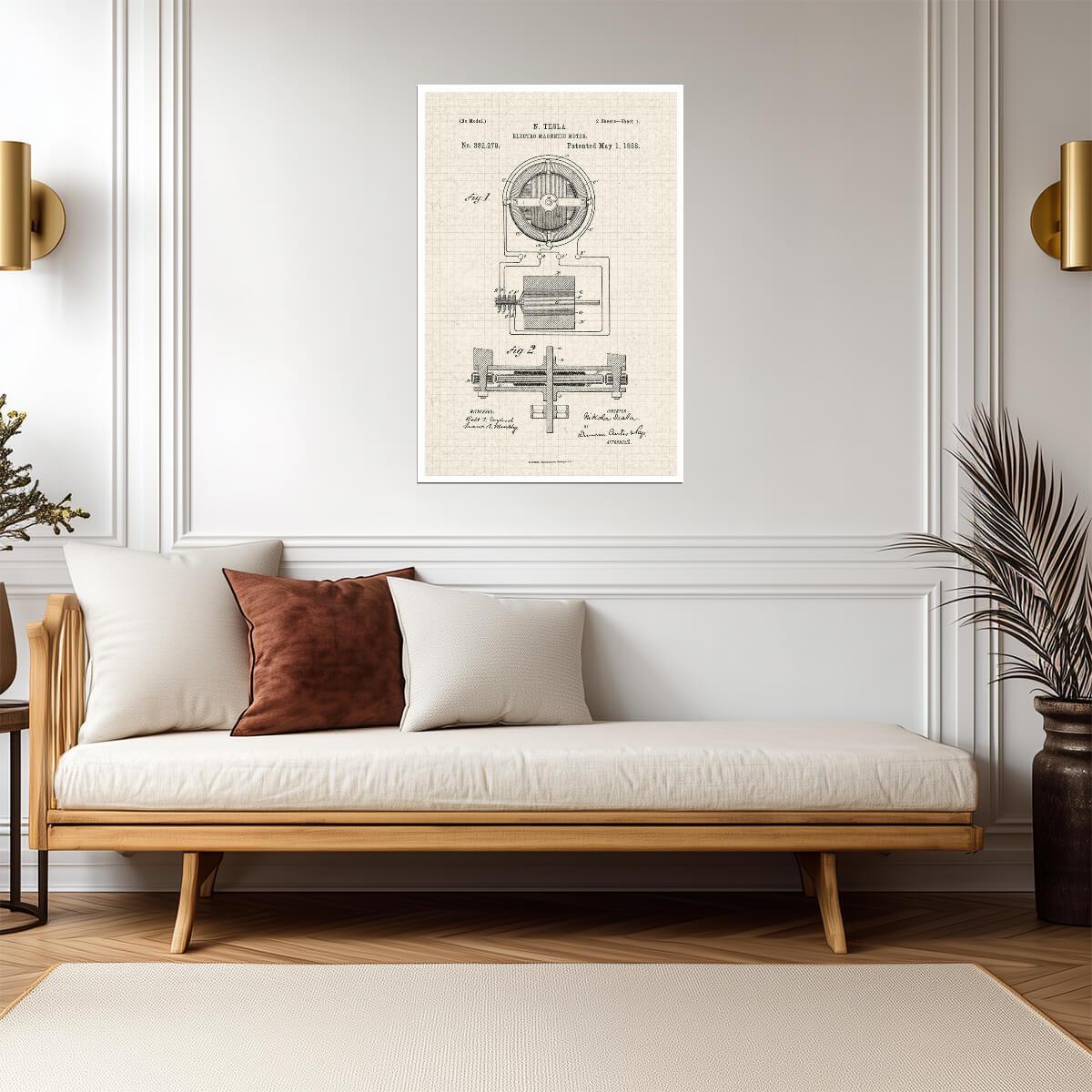 Nikola Tesla Electro Magnetic Motor Patent | Technical Diagram Poster | Science Wall Art - Vintage & Retro Poster
