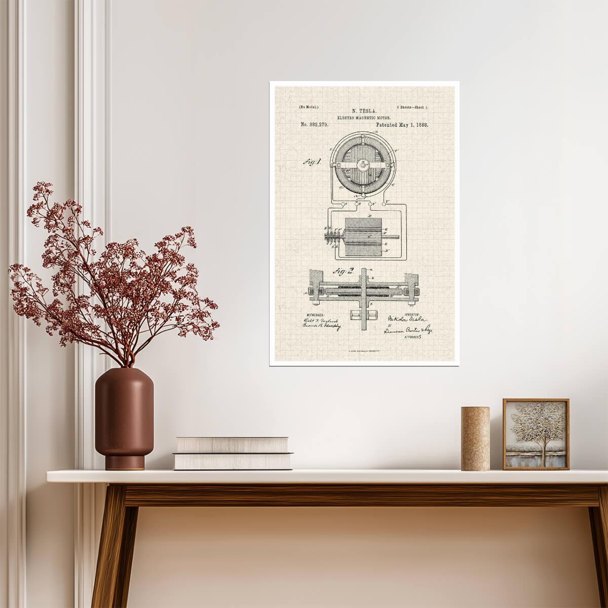 Nikola Tesla Electro Magnetic Motor Patent | Technical Diagram Poster | Science Wall Art - Vintage & Retro Poster