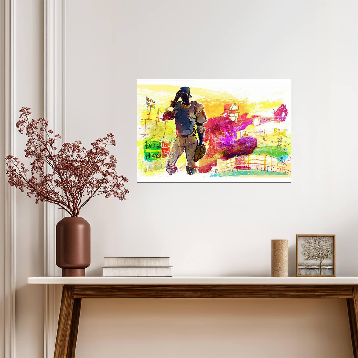 Baseball Pitcher and Catcher | Watercolor Style Sports Art | Stadium Illustration Poster - Sports Poster