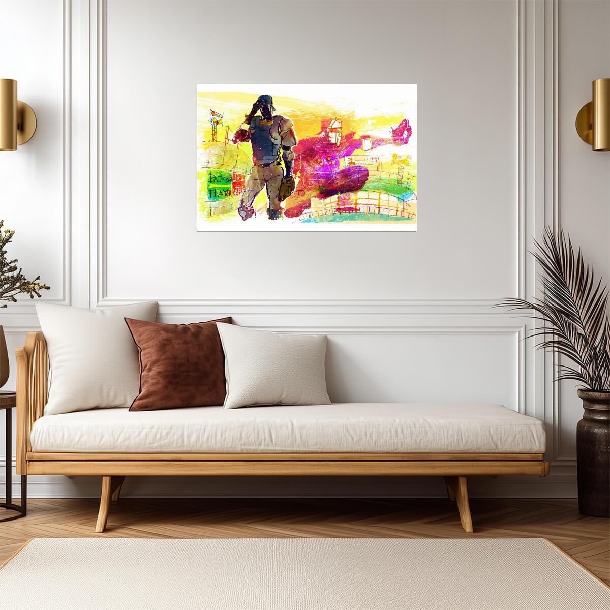 Baseball Pitcher and Catcher | Watercolor Style Sports Art | Stadium Illustration Poster - Sports Poster