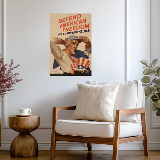 "Defend American Freedom It's Everybody's Job" | Uncle Sam Poster | WWII Propaganda Art - Vintage & Retro Poster