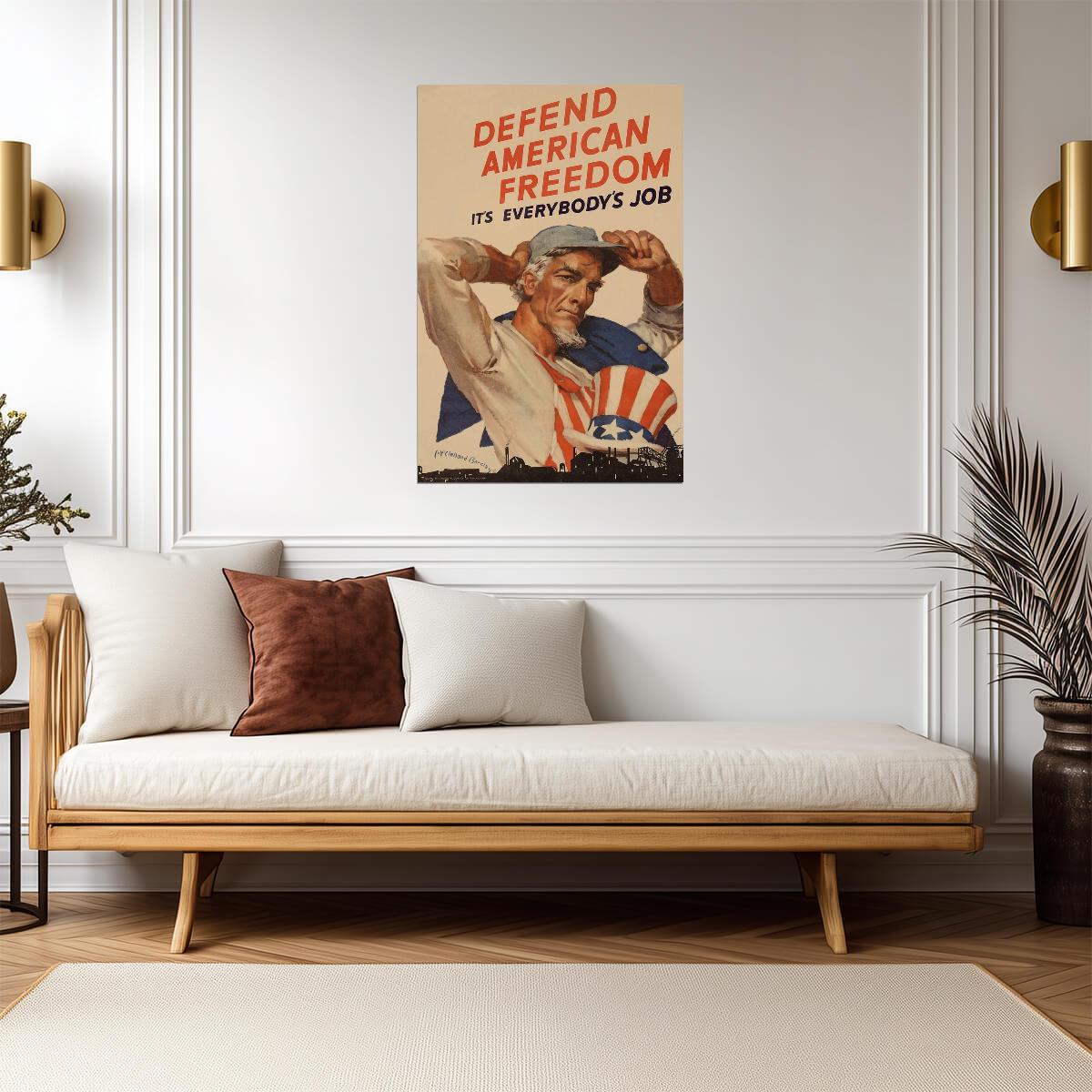 "Defend American Freedom It's Everybody's Job" | Uncle Sam Poster | WWII Propaganda Art - Vintage & Retro Poster