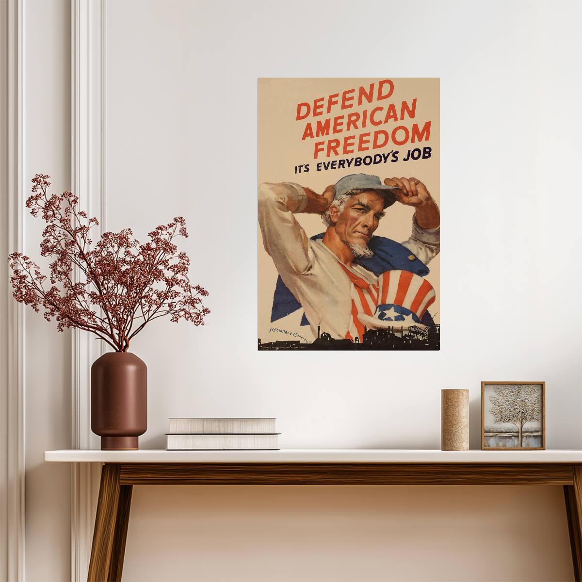 "Defend American Freedom It's Everybody's Job" | Uncle Sam Poster | WWII Propaganda Art - Vintage & Retro Poster