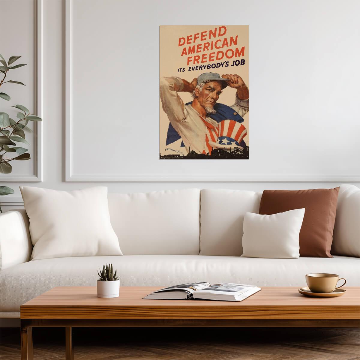 "Defend American Freedom It's Everybody's Job" | Uncle Sam Poster | WWII Propaganda Art - Vintage & Retro Poster