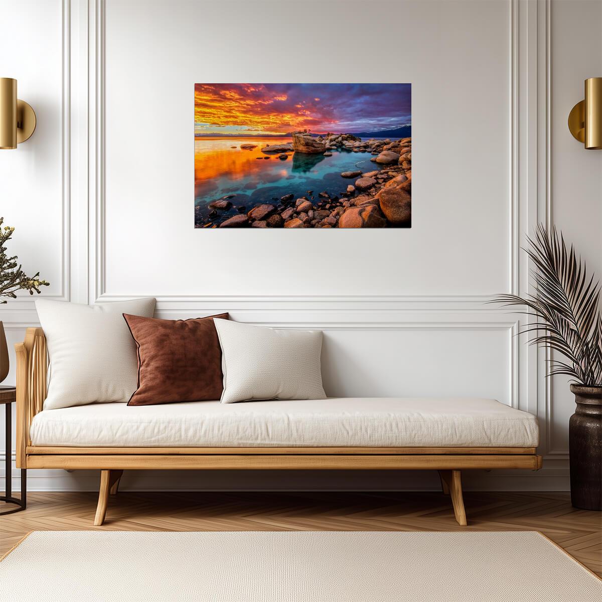 Stunning Lake Tahoe Sunset | Rocky Shore Photography Print | Landscape Poster - Photography Poster
