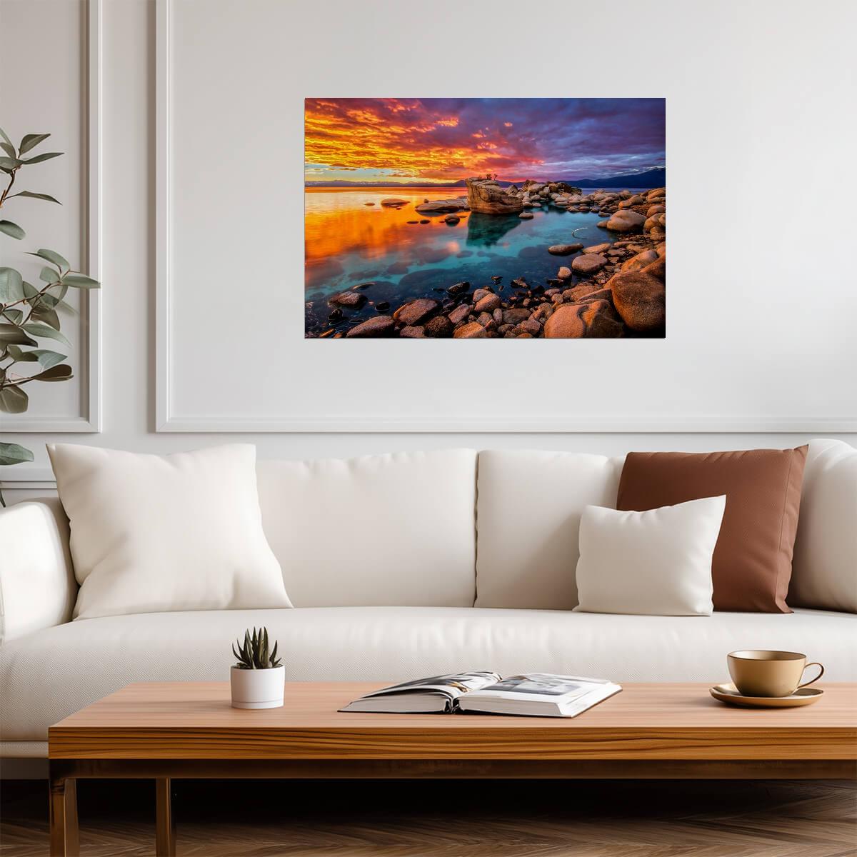 Stunning Lake Tahoe Sunset | Rocky Shore Photography Print | Landscape Poster - Photography Poster