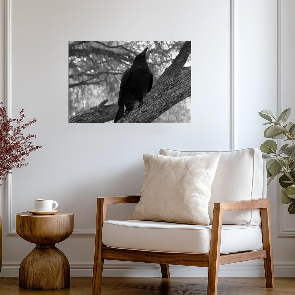 Black Raven on a Branch | Black and White Photography | "Visualize Fear" Moody Poster - Photography Poster
