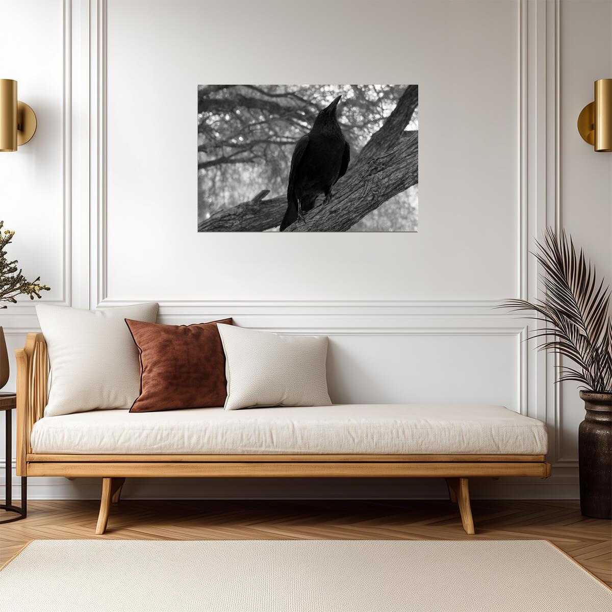 Black Raven on a Branch | Black and White Photography | "Visualize Fear" Moody Poster - Photography Poster