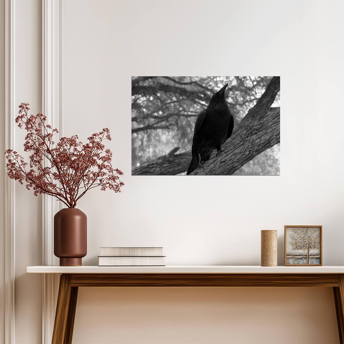 Black Raven on a Branch | Black and White Photography | "Visualize Fear" Moody Poster - Photography Poster