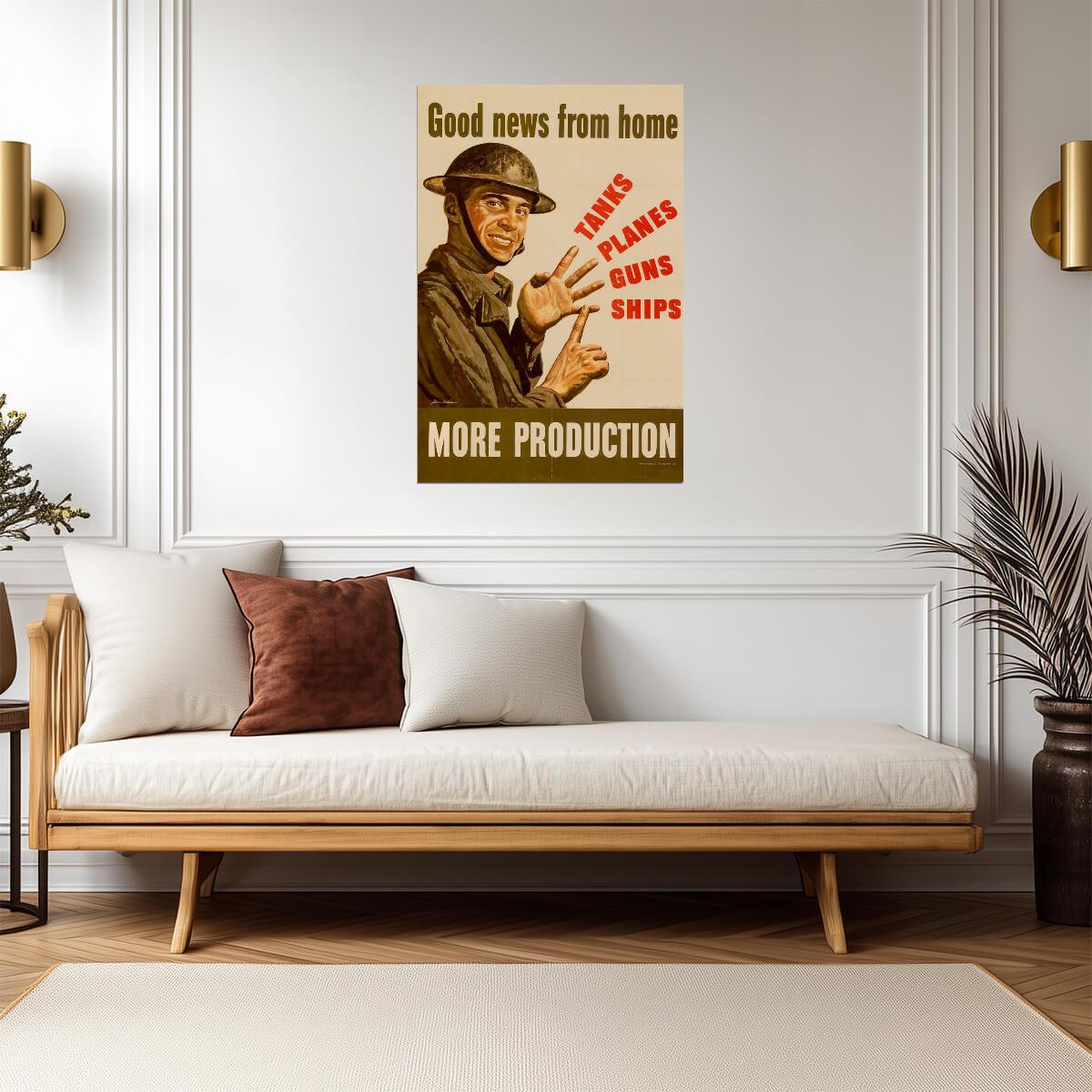 "Good News From Home - More Production" | WWII Propaganda Poster | Vintage Factory Art - Vintage & Retro Poster