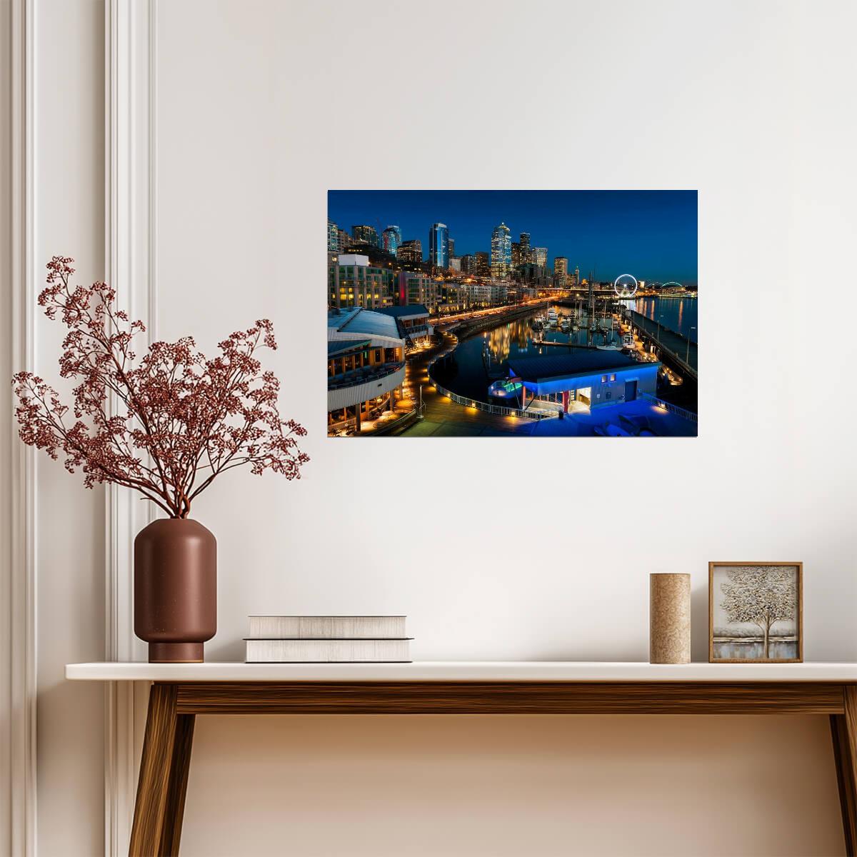 Seattle Skyline from Elliott Bay | Illuminated Cityscape Photography | Washington Poster - Photography Poster