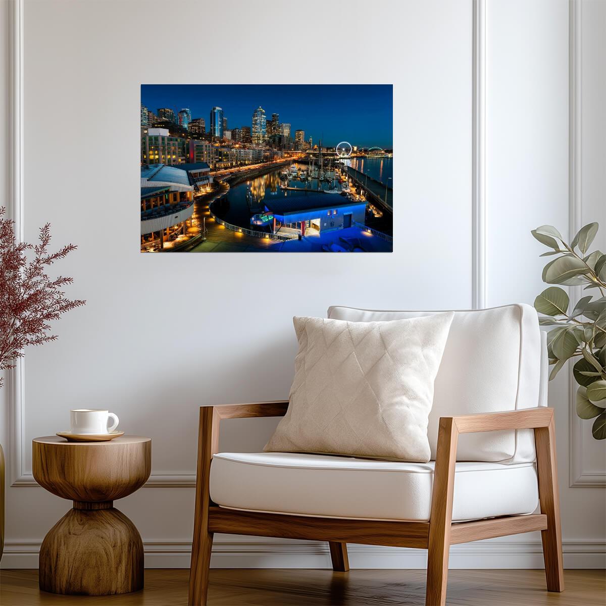 Seattle Skyline from Elliott Bay | Illuminated Cityscape Photography | Washington Poster - Photography Poster