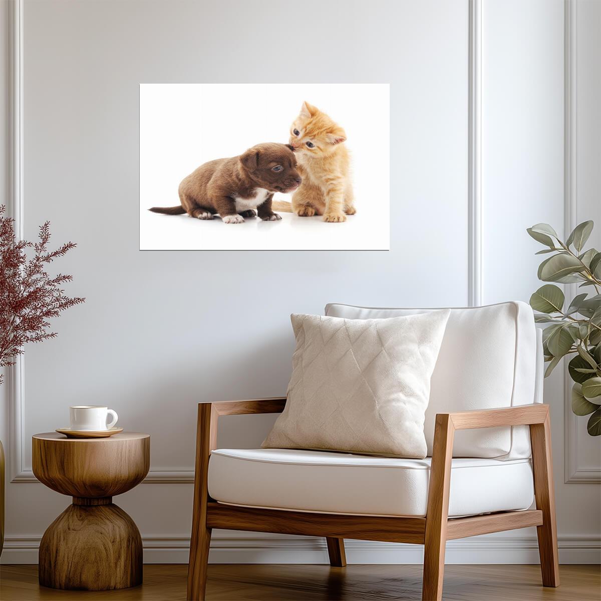 Cute Kitten and Puppy Cuddling | Loving Animals Photography | Pet Friendship Poster - Photography Poster