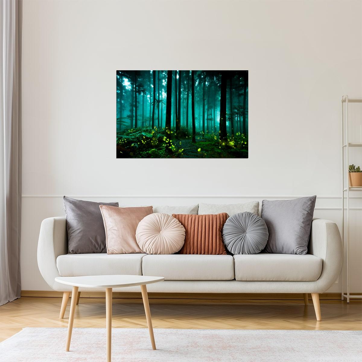 Magical Firefly Forest Poster | Fantasy Art Print | Enchanted Landscape Wall Art