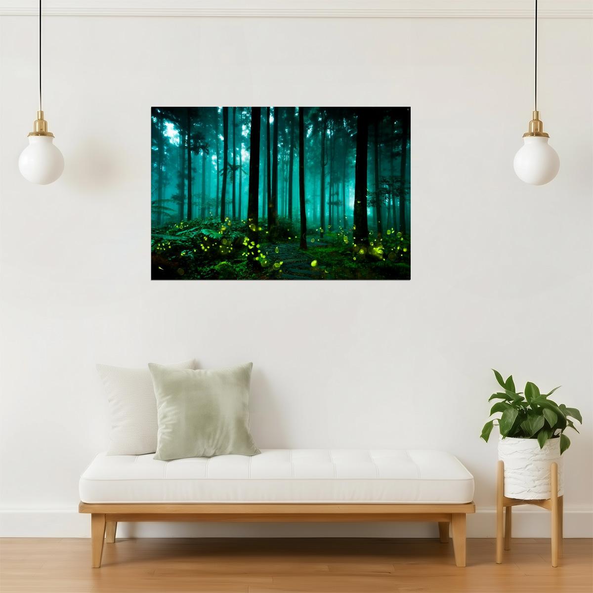 Magical Firefly Forest Poster | Fantasy Art Print | Enchanted Landscape Wall Art