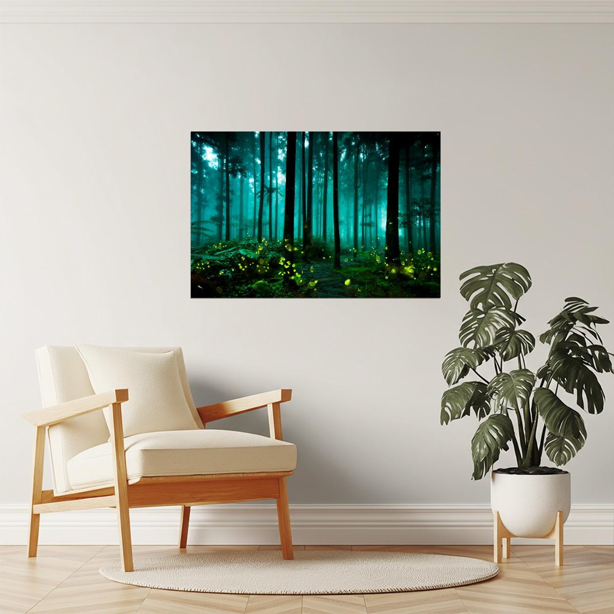 Magical Firefly Forest Poster | Fantasy Art Print | Enchanted Landscape Wall Art