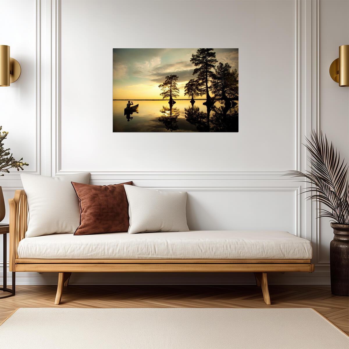 Reflection of Boy in Canoe on a River | Nature Photography Print | Serene Wall Art Poster - Photography Poster
