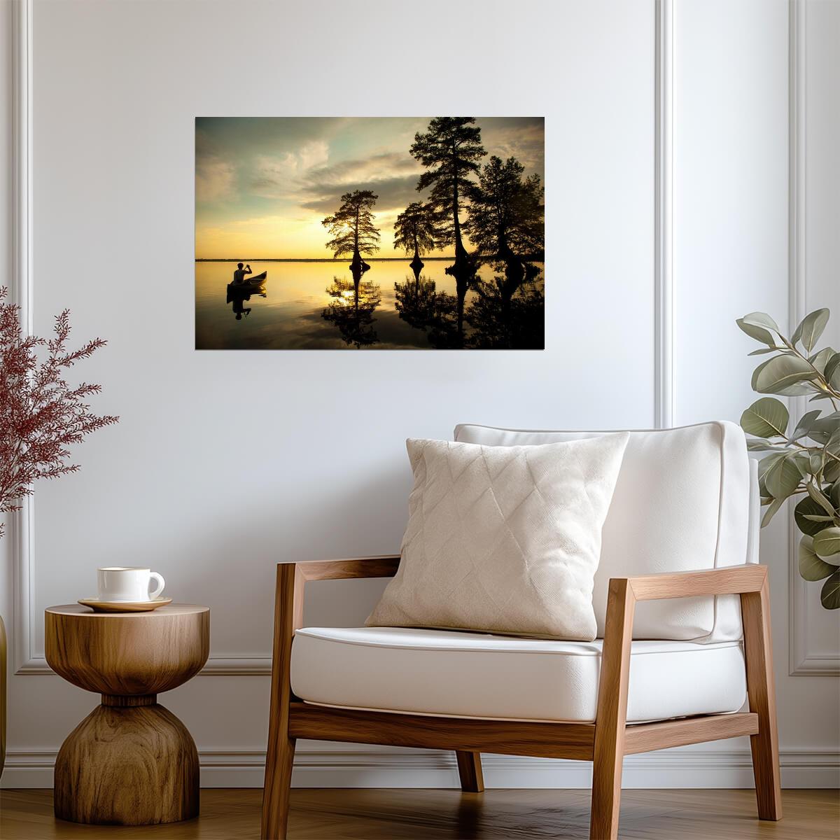 Reflection of Boy in Canoe on a River | Nature Photography Print | Serene Wall Art Poster - Photography Poster