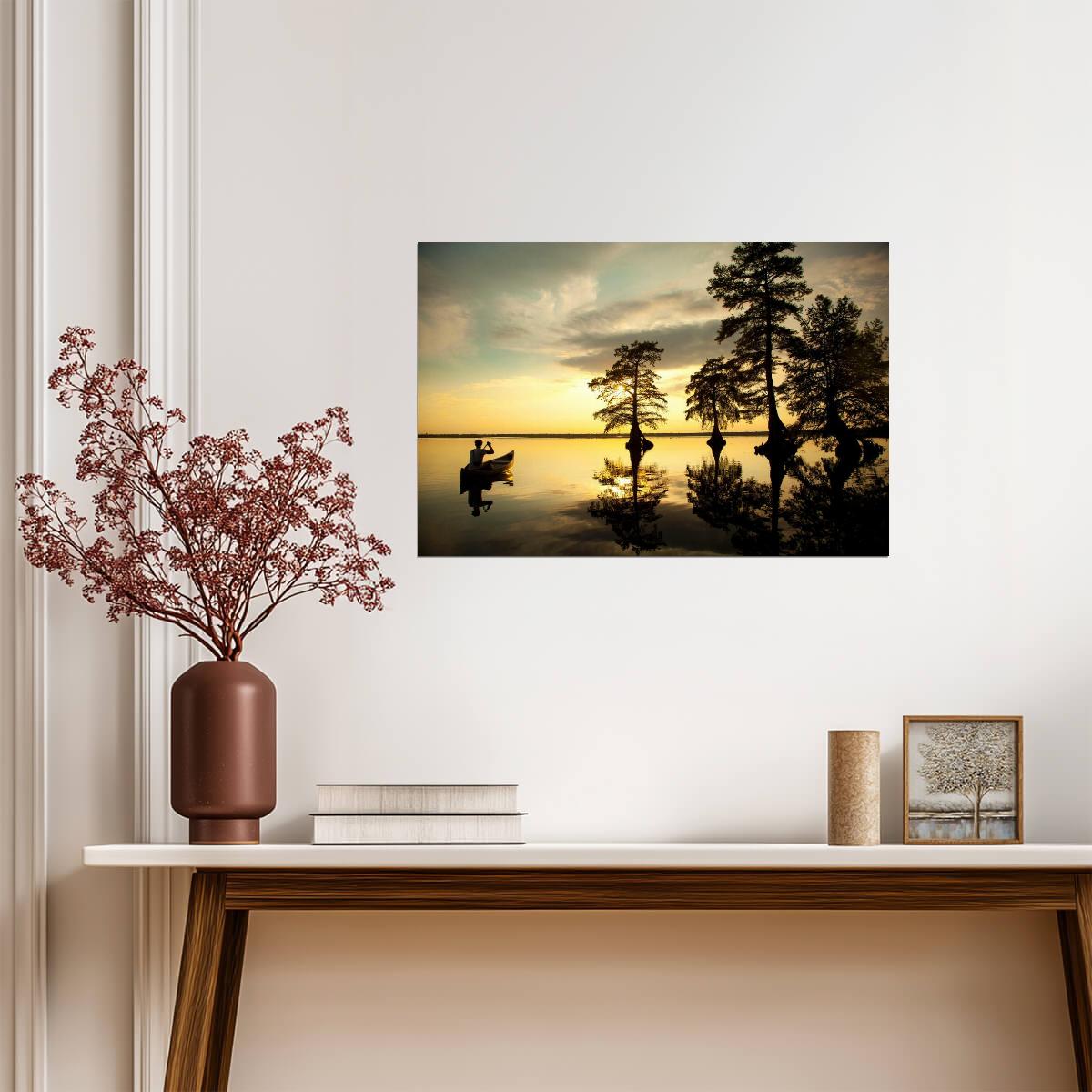 Reflection of Boy in Canoe on a River | Nature Photography Print | Serene Wall Art Poster - Photography Poster