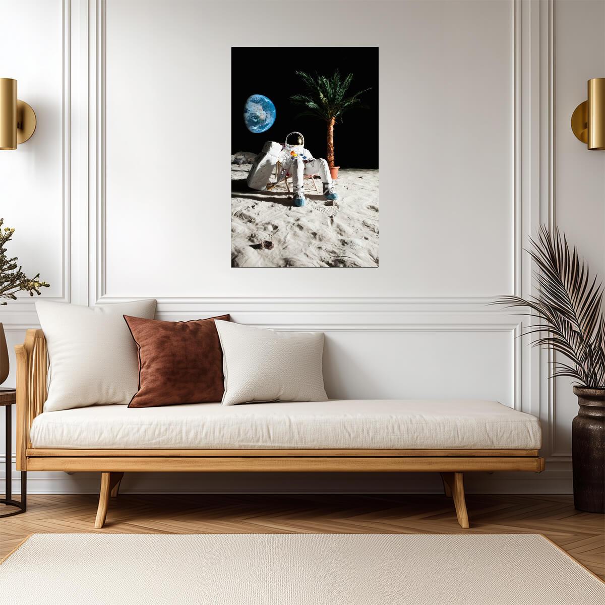 Astronaut Relaxing in a Beach Chair on the Moon | Surreal Art Print | Funny Space Poster - Graphic & Art Poster