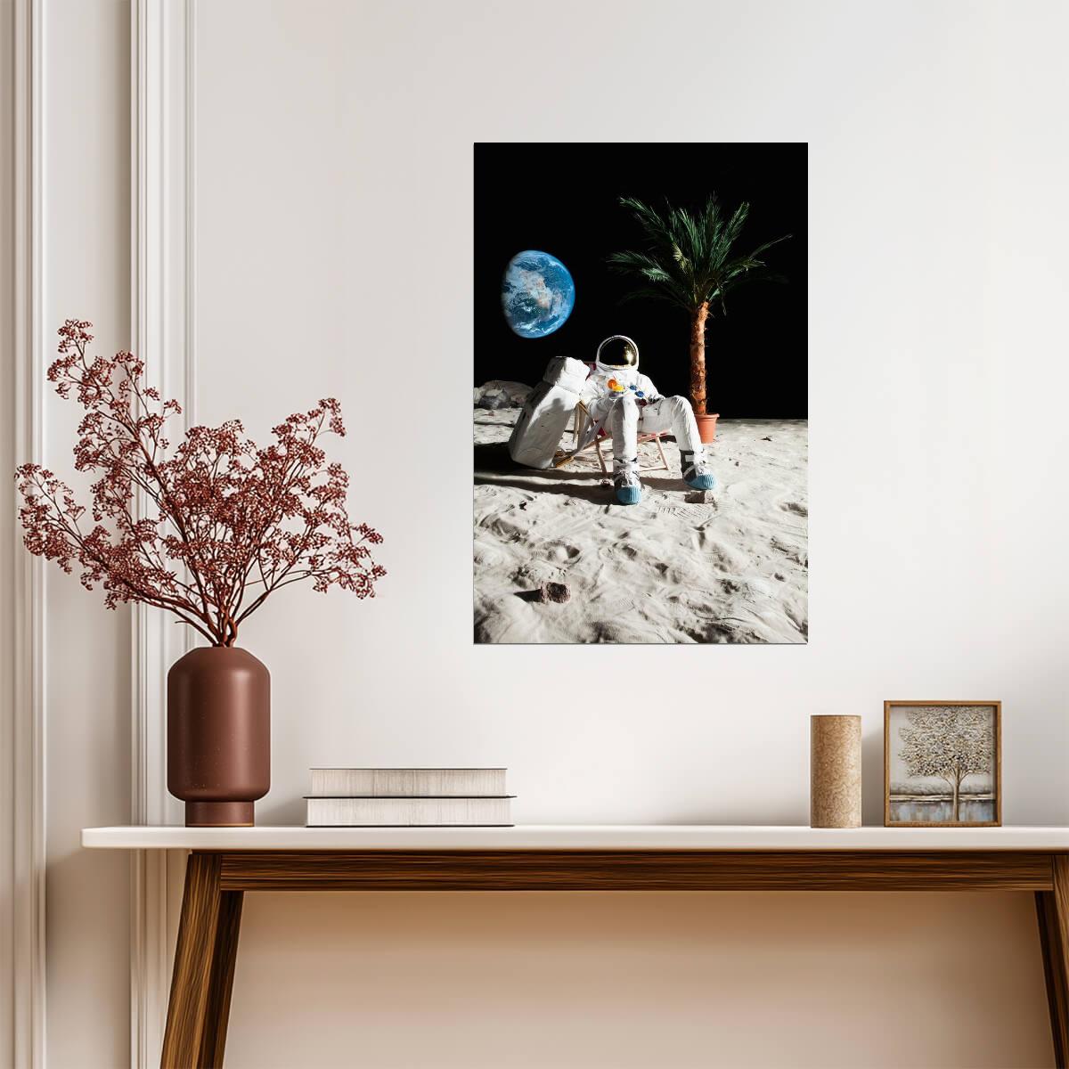 Astronaut Relaxing in a Beach Chair on the Moon | Surreal Art Print | Funny Space Poster - Graphic & Art Poster