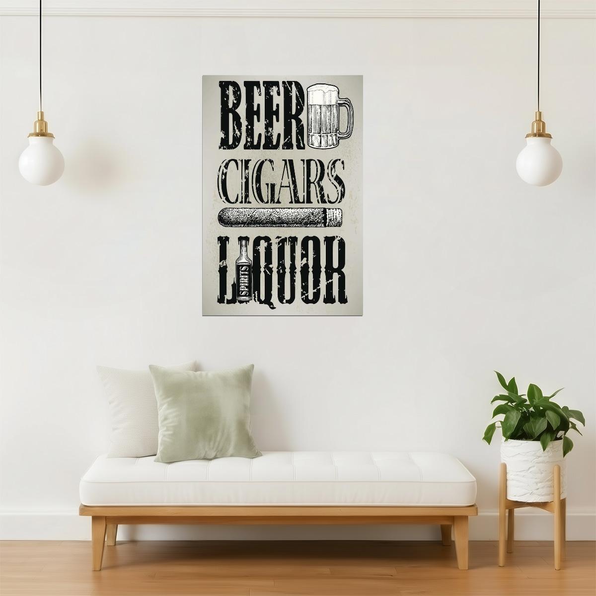 Beer Cigars and Liquor Poster | Retro Bar & Lounge Sign | Man Cave Decor