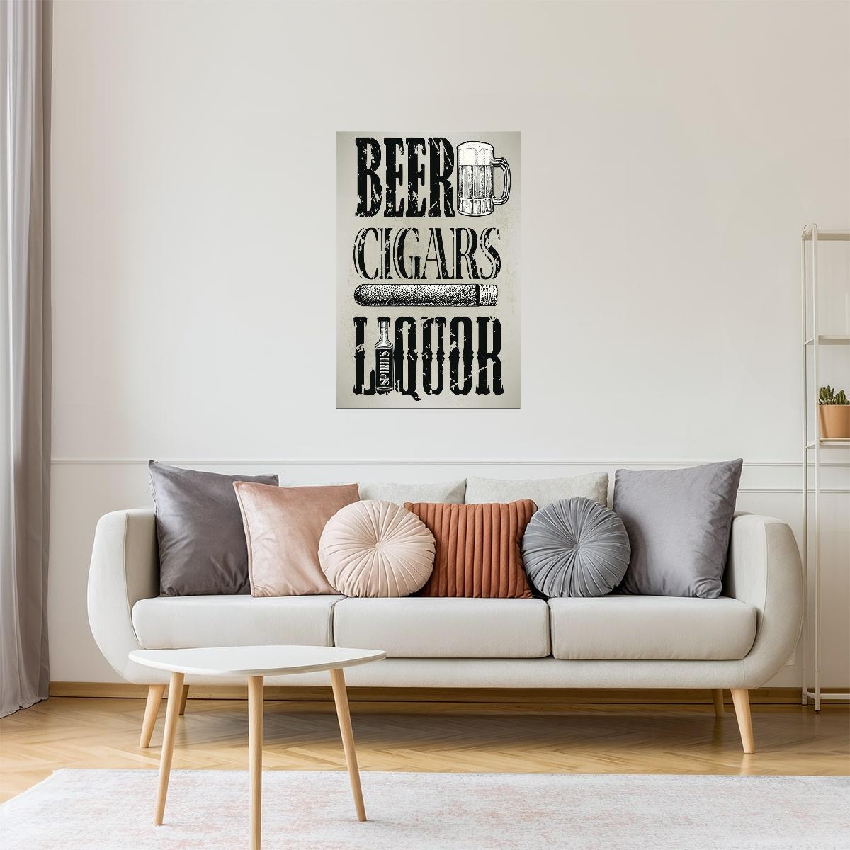 Beer Cigars and Liquor Poster | Retro Bar & Lounge Sign | Man Cave Decor