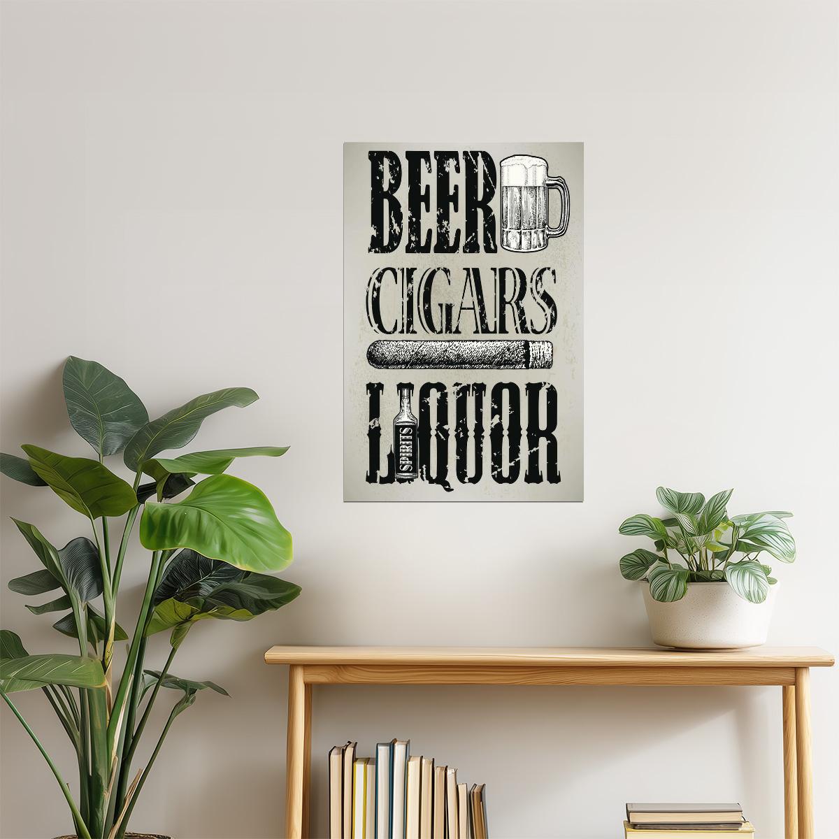 Beer Cigars and Liquor Poster | Retro Bar & Lounge Sign | Man Cave Decor