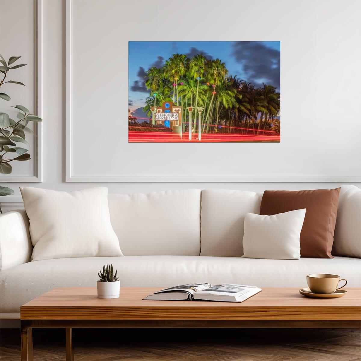 "Welcome to Miami Beach" Sign Photo | Florida Landmark at Night | Coastal Cityscape Poster - Photography Poster