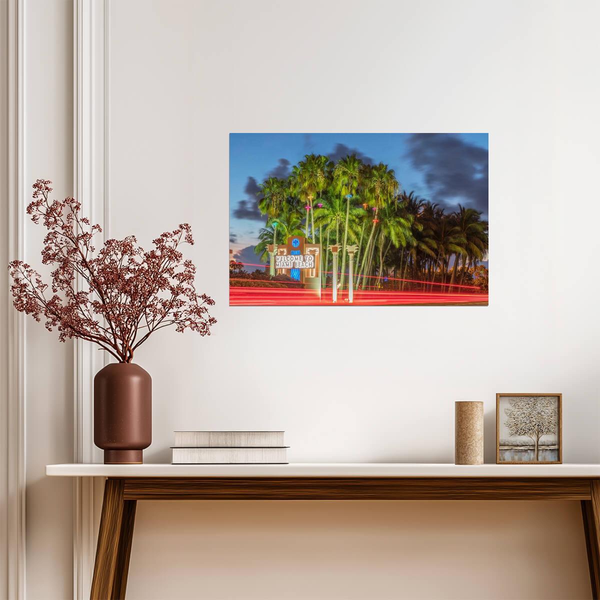 "Welcome to Miami Beach" Sign Photo | Florida Landmark at Night | Coastal Cityscape Poster - Photography Poster
