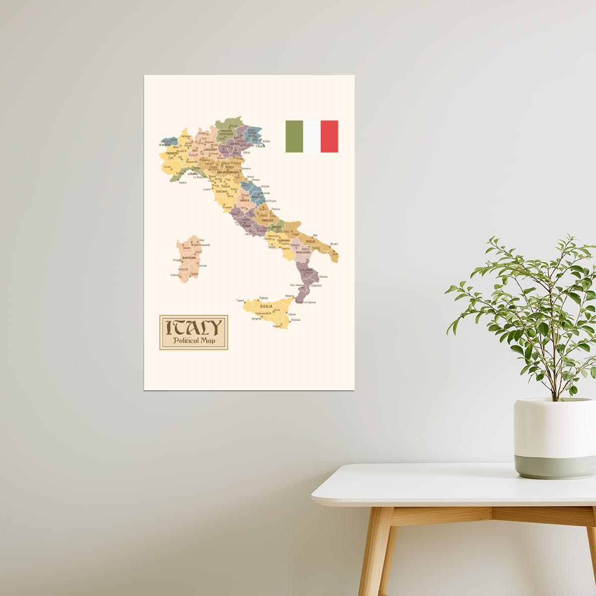 Italy Map | Vintage Political Map with Regions and Provinces Poster